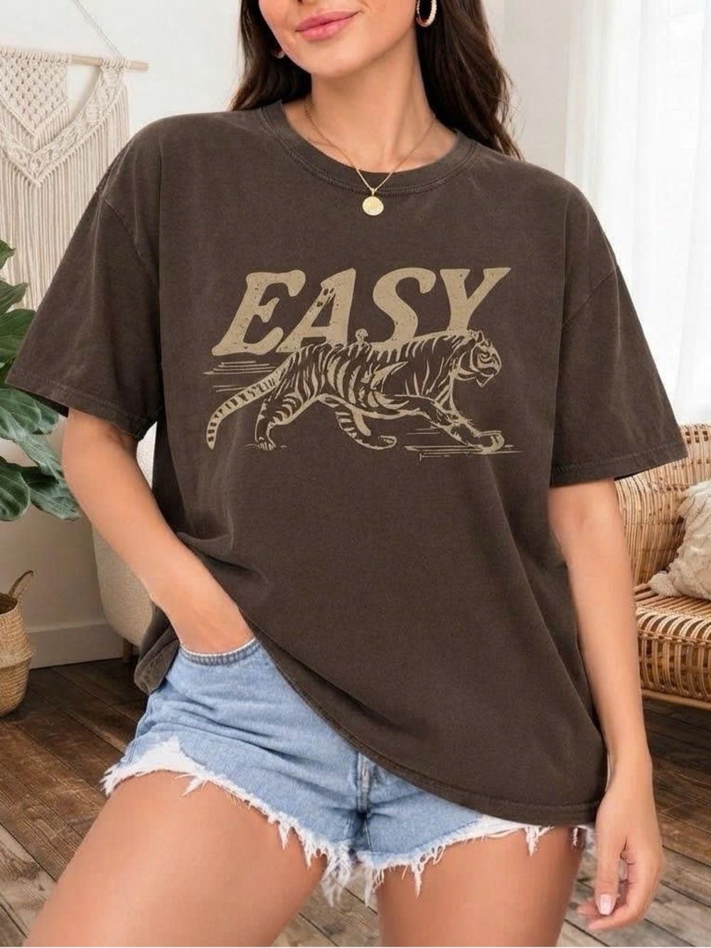 Vintage Brown Tee with Beige 'EASY' Tiger Graphic